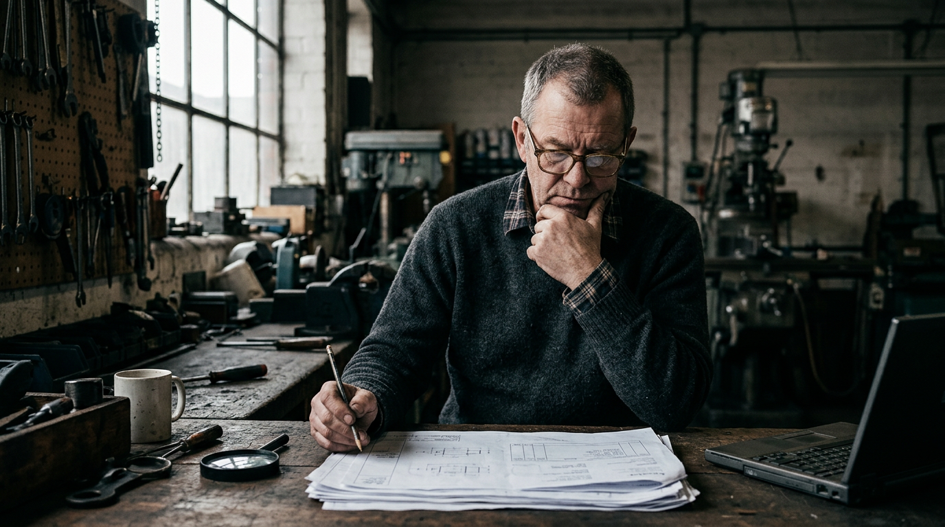 Business owner reviewing notes at a desk by a window