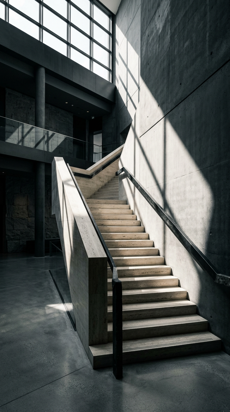Sculptural concrete staircase lit by natural light