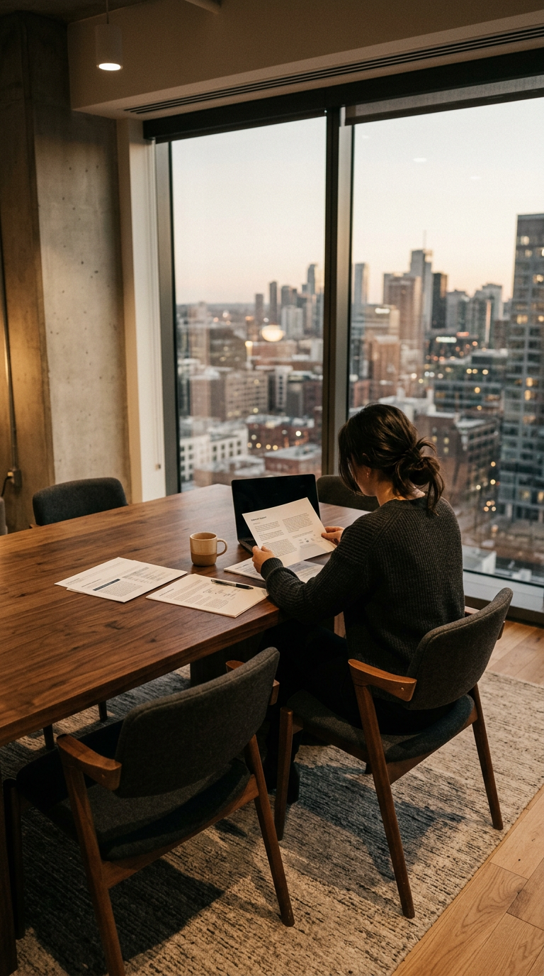 Two people reviewing business documents across a meeting table