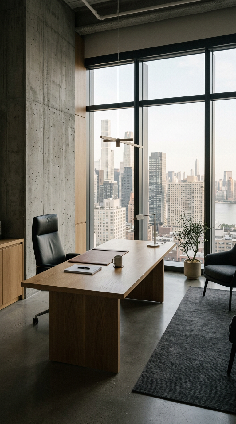 Quiet executive office with tall windows overlooking modern city architecture