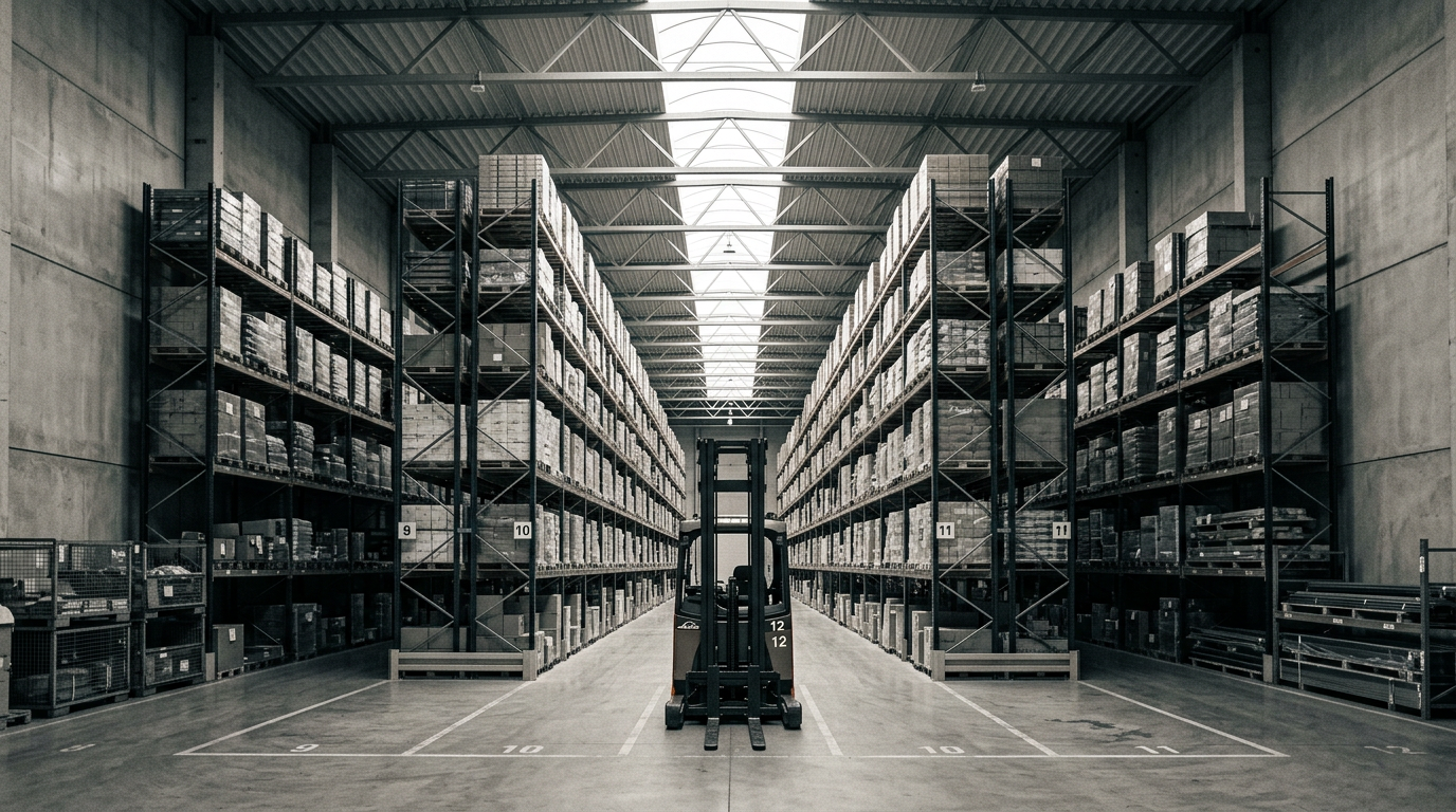 Organized warehouse interior with tall shelving in natural light