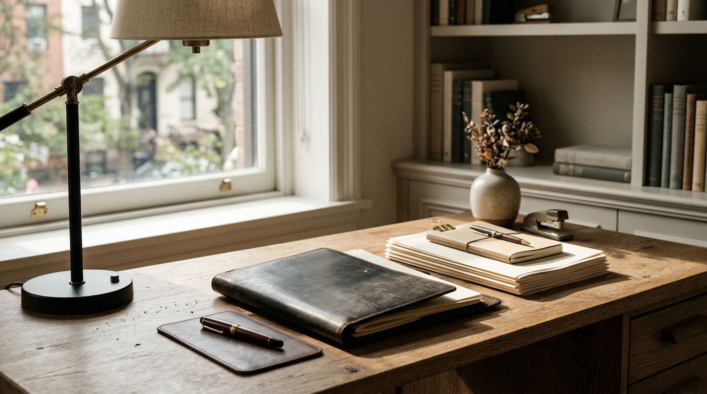Organized desk with business documents and a notebook in soft daylight